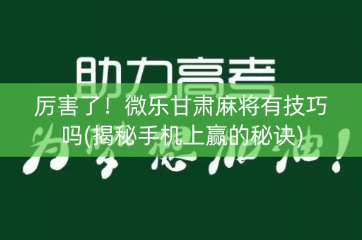 厉害了！微乐甘肃麻将有技巧吗(揭秘手机上赢的秘诀)