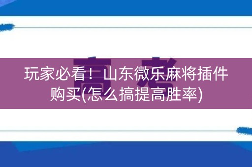 玩家必看！山东微乐麻将插件购买(怎么搞提高胜率)