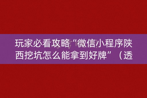玩家必看攻略“微信小程序陕西挖坑怎么能拿到好牌”（透明器教程)
